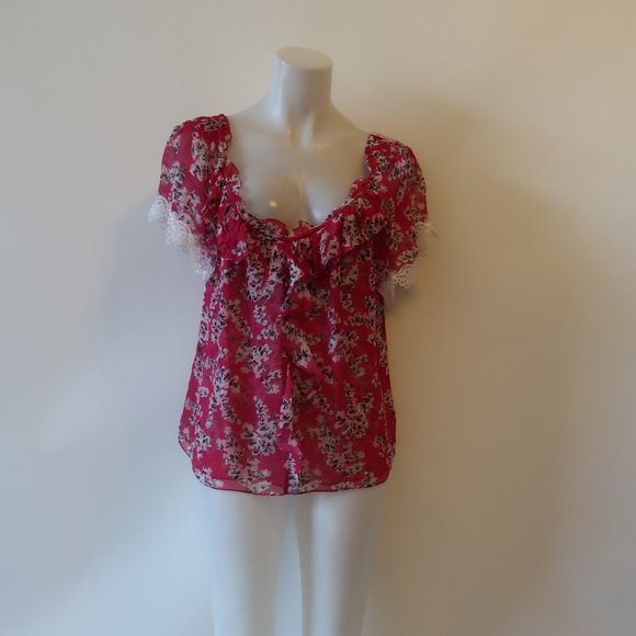 TRY B PINK WHITE FLORAL LACE SILK TOP XS * - Picture 1 of 6